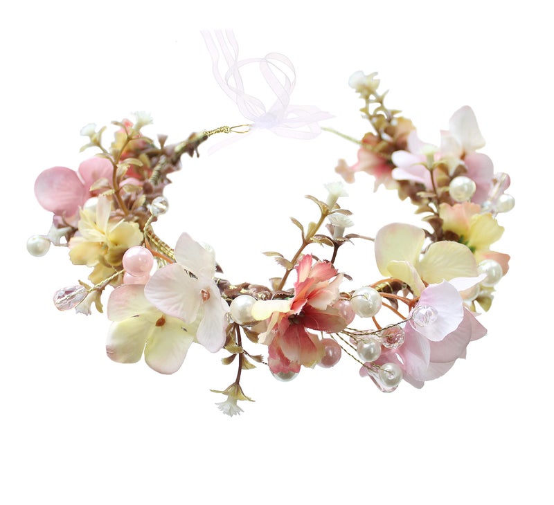 Vivivalue Bridal Floral Headband Women Floral Crown Hair Wreath Flower Headpiece Halo Boho with Ribbon Wedding Party Festival Photos - Image 1
